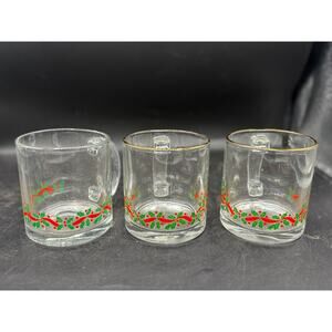 peter Vtg Libbey Arbys Christmas holly Berry Glass Coffee Mug Gold trim set of 3
